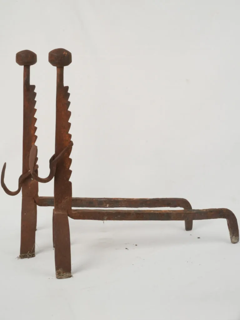19th Century French Rotisserie Andirons with Hooks 20"
