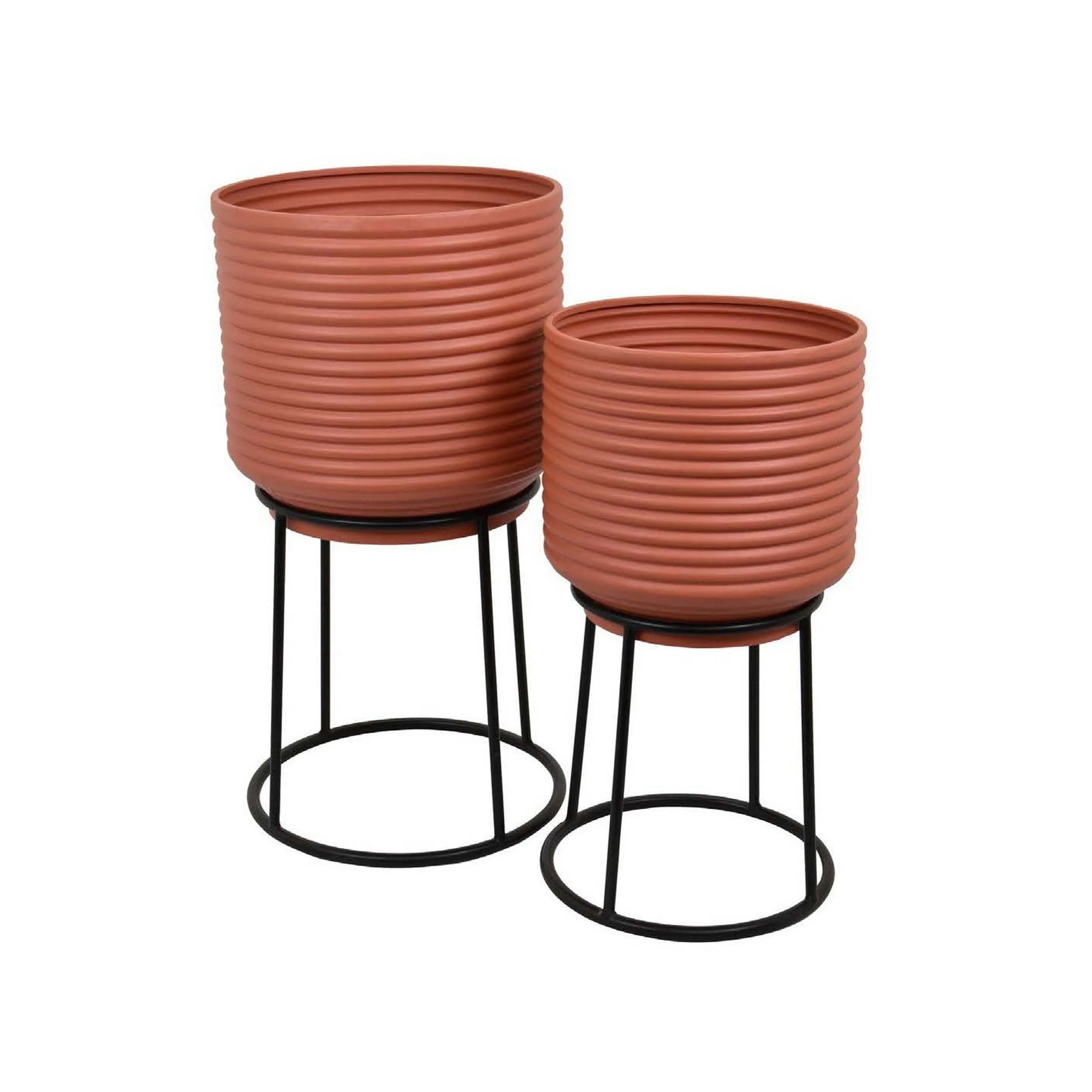 24 Inch Metal Planters with Stand, Set of 2, Terracotta and Black By Casagear Home