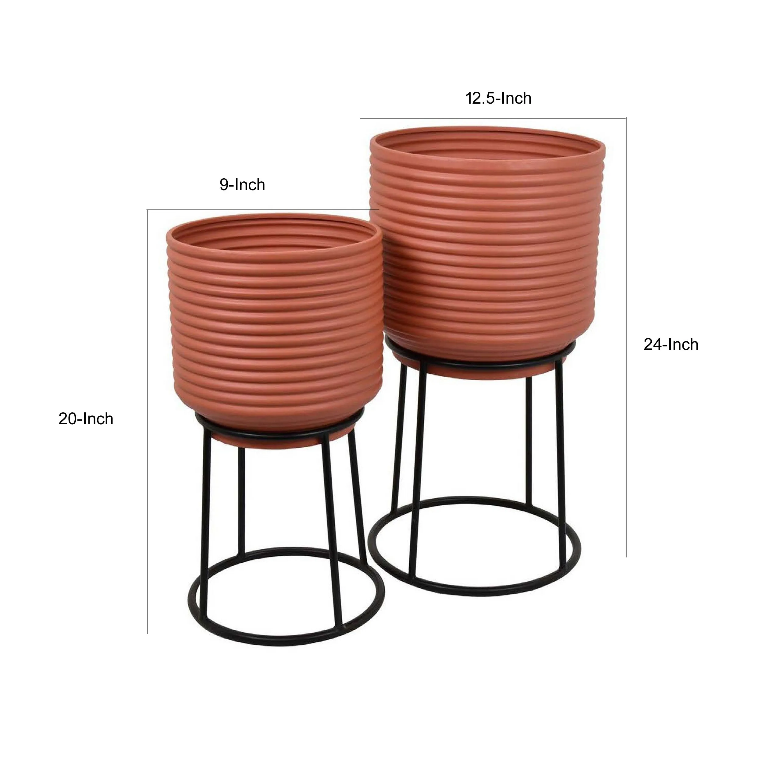 24 Inch Metal Planters with Stand, Set of 2, Terracotta and Black By Casagear Home