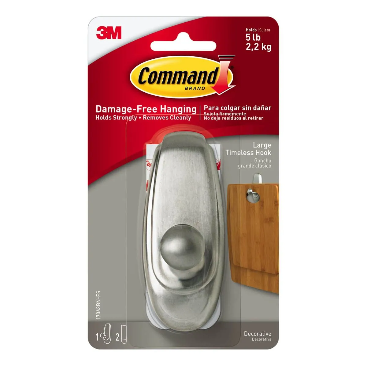 3M Command Timeless Large Brushed Nickel Hook 1 Hook/2 Strips 2.2 Kg