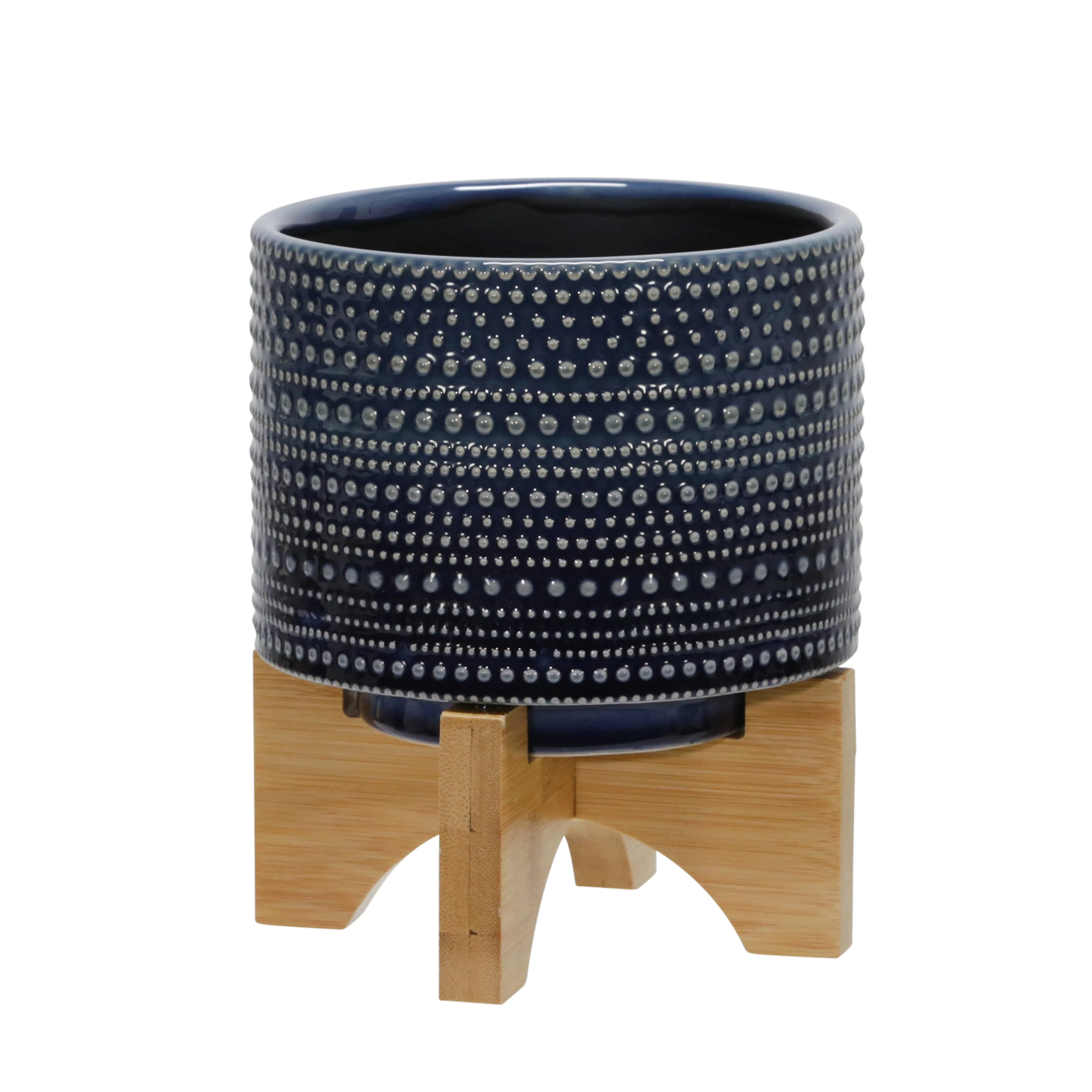 6" Dotted Planter W/ Wood Stand, Blue