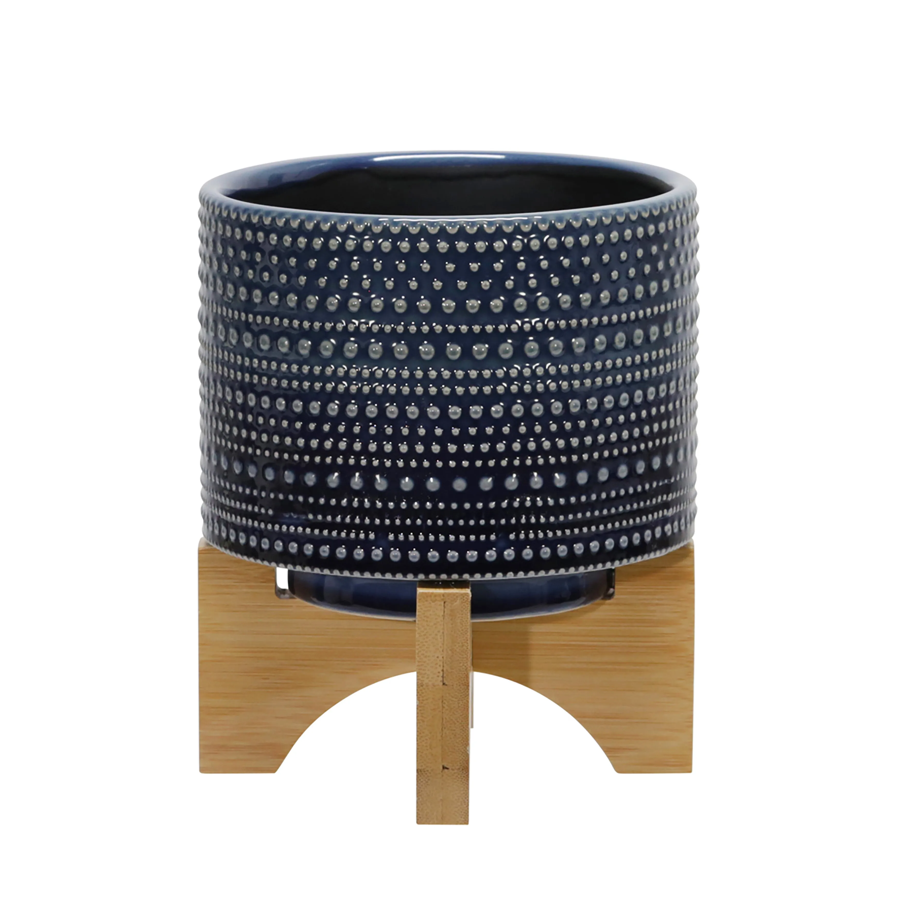 6" Dotted Planter W/ Wood Stand, Blue