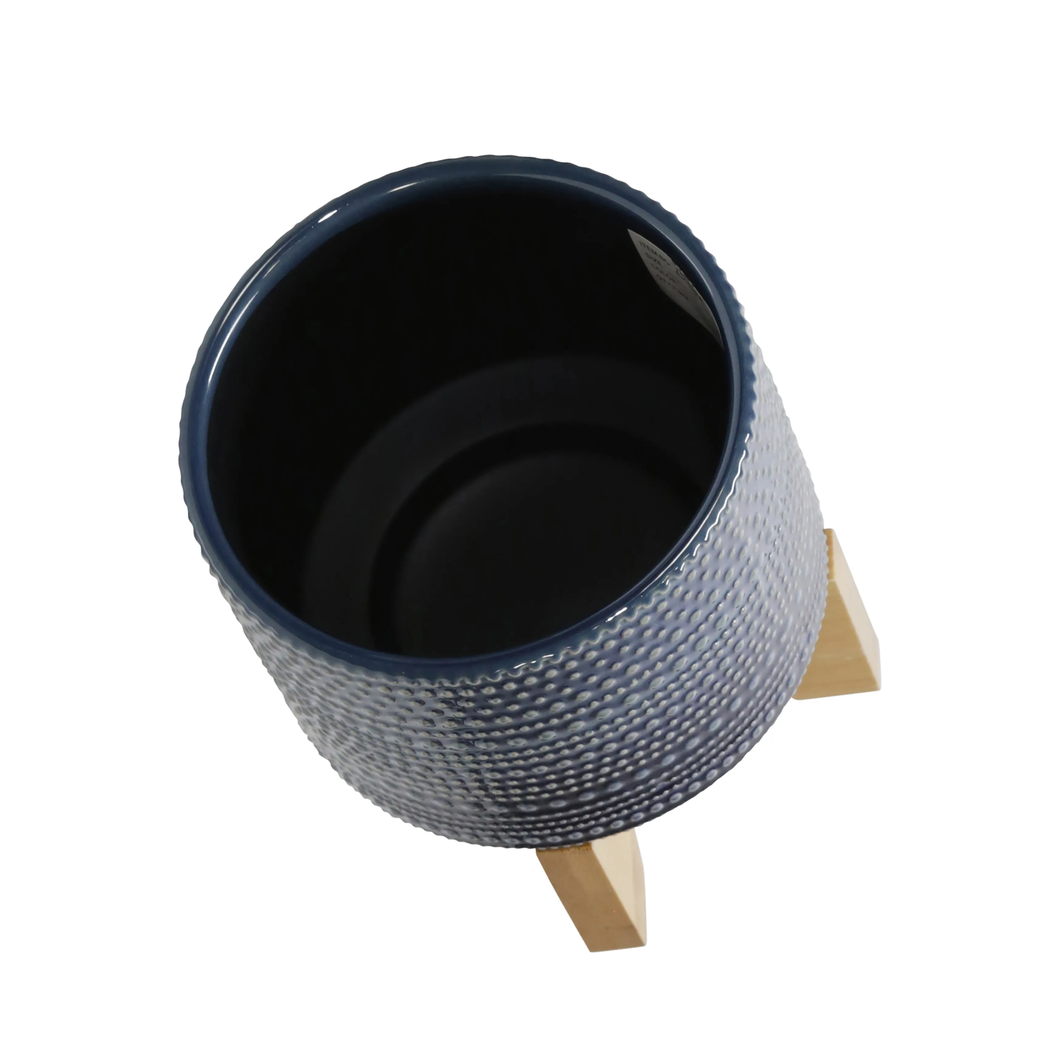 6" Dotted Planter W/ Wood Stand, Blue