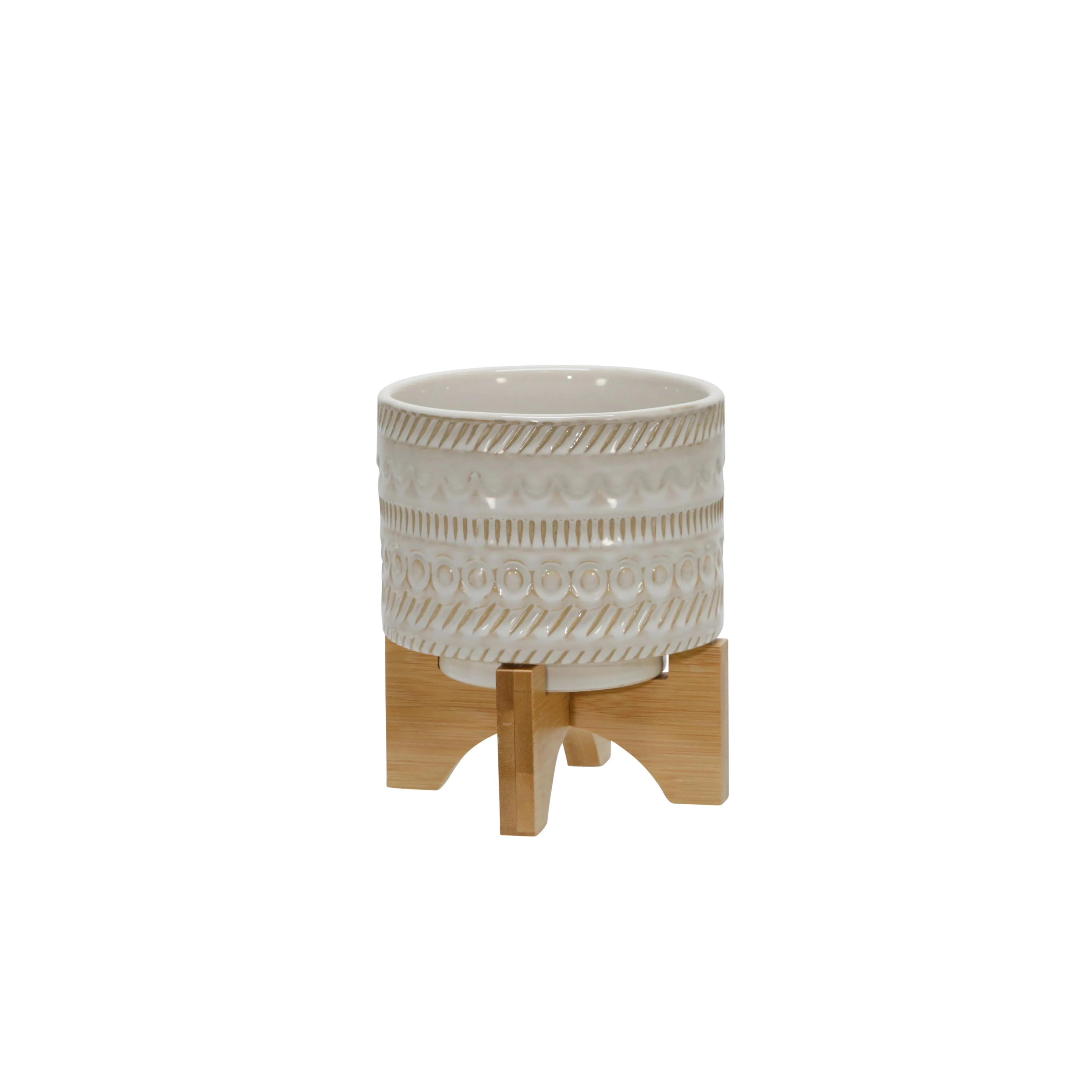6" Tribal Planter W/ Wood Stand, Beige