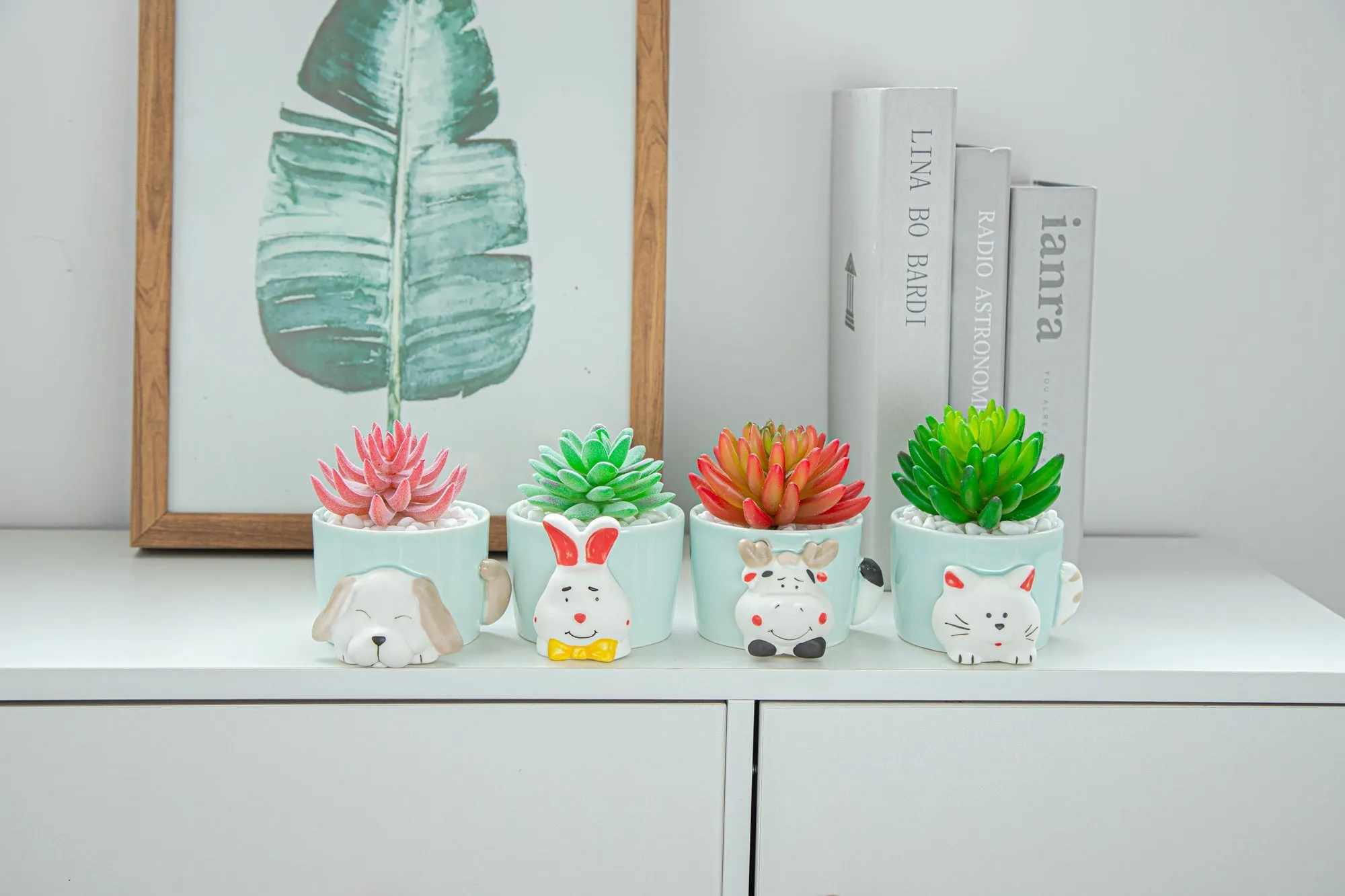 8.5 CM Cute Ceramic Succulent Garden Pots, Planter with Drainage and Attached Saucer -Plants Not Included (Blue)