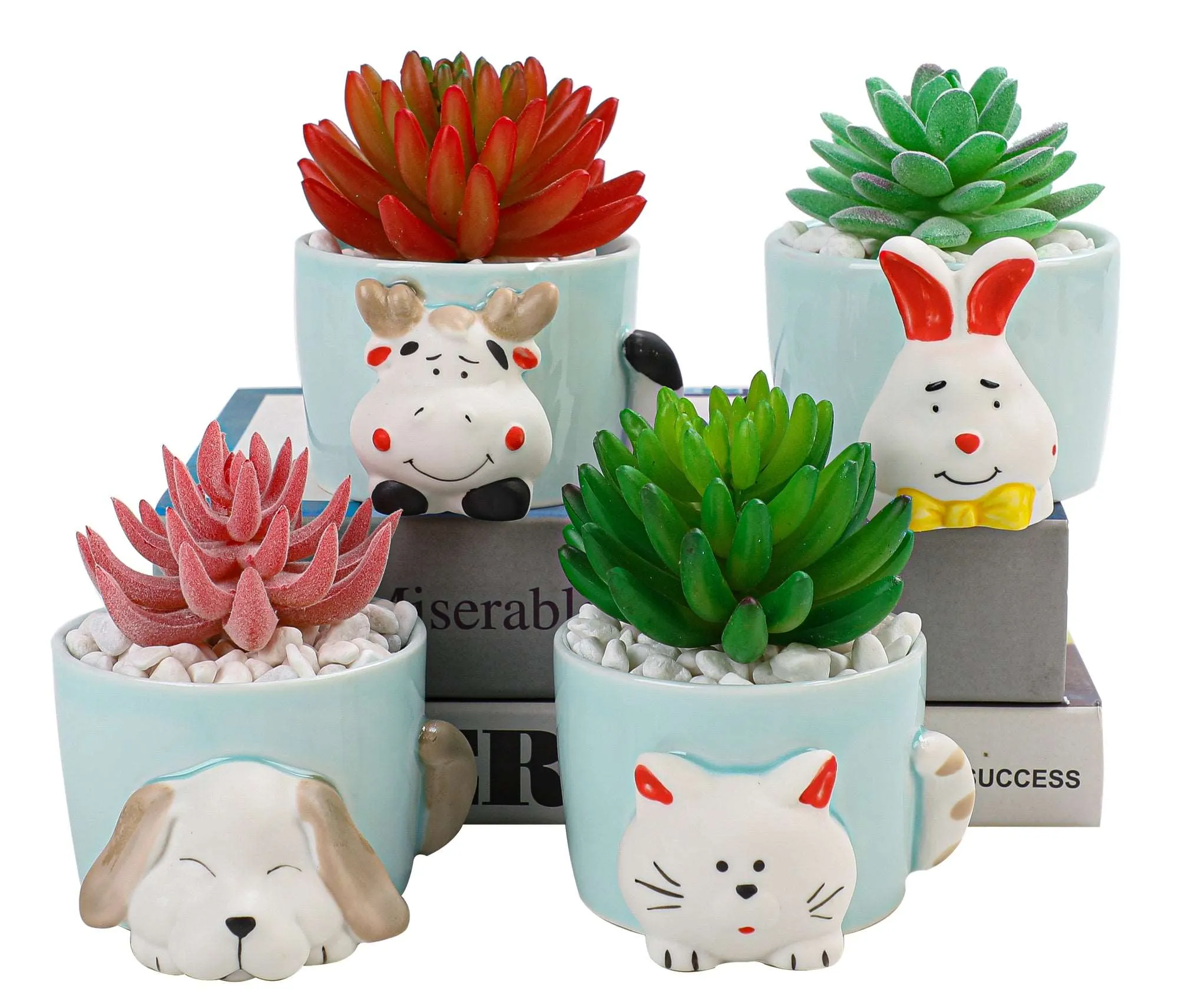 8.5 CM Cute Ceramic Succulent Garden Pots, Planter with Drainage and Attached Saucer -Plants Not Included (Blue)