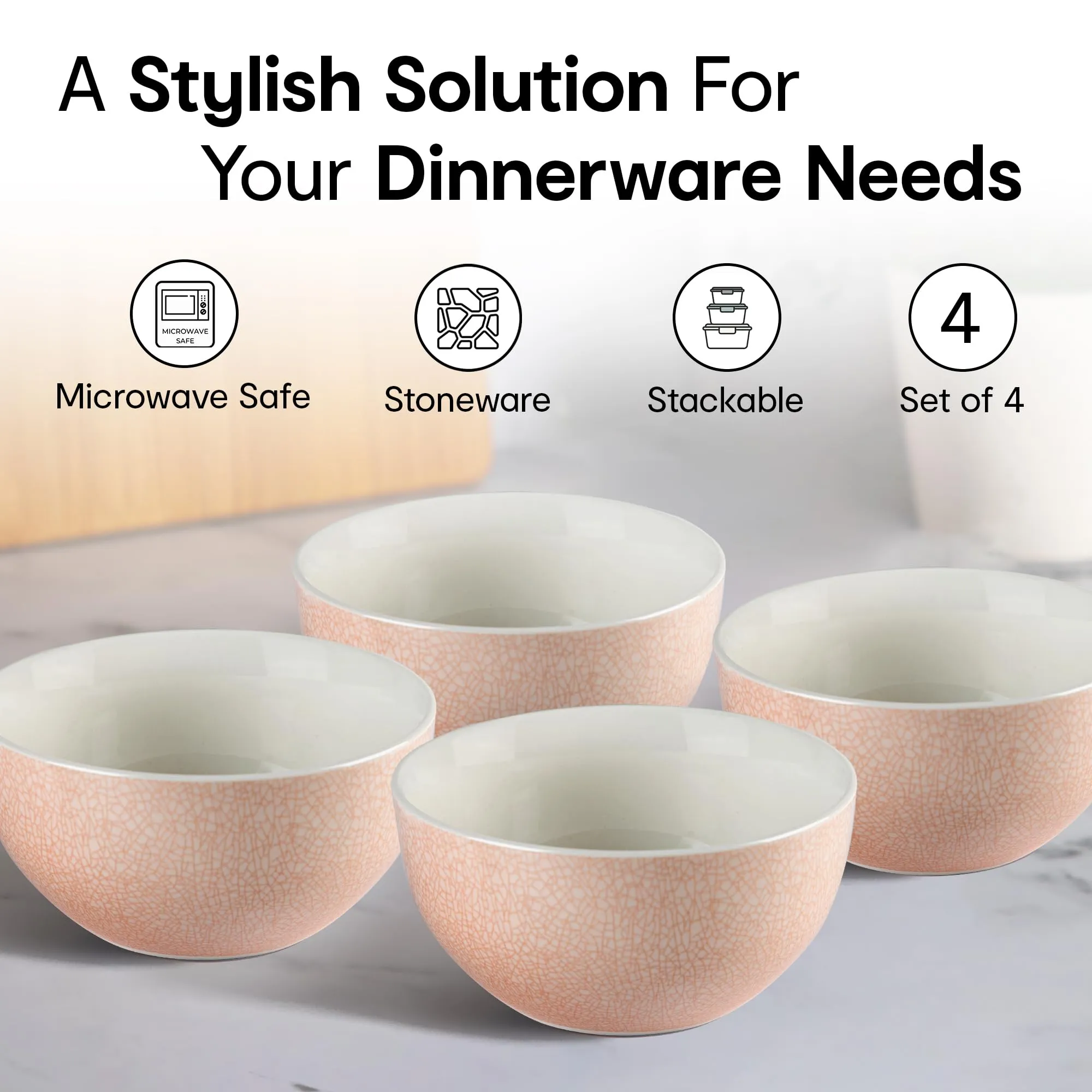 Anko 5.5" Bella Glazed Stoneware Bowls - Set of 4 | Premium Crockery for Dining Table Ideal for Serving Soup, Salad, Dessert | Designer Bowls for Home, Kitchen, Restaurant | Soft Pink