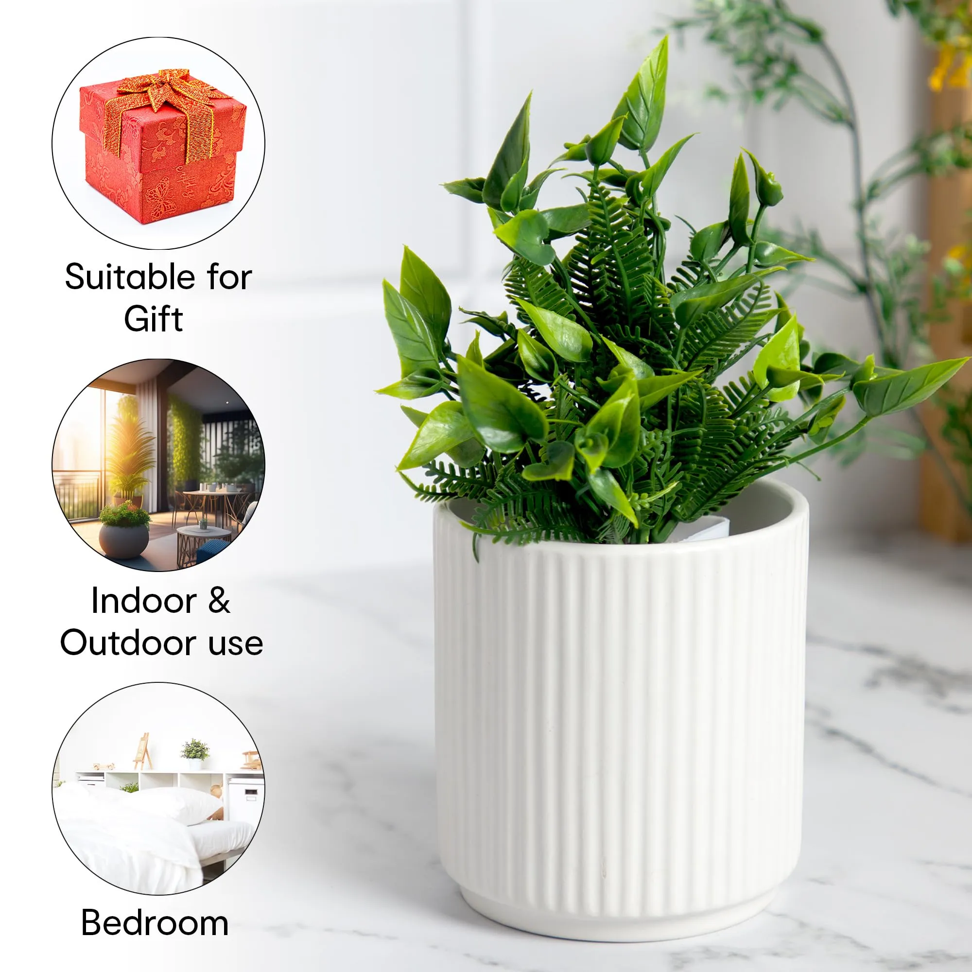 Anko White Linear Pot - Small | Ceramic Pot with Linear Design |Ideal for Indoor Plants |Planter for Home, Office, Garden, Balcony | Natural and Elegant| Drainage Hole| 11 Cm H X 10cm Dia. | 1 Piece