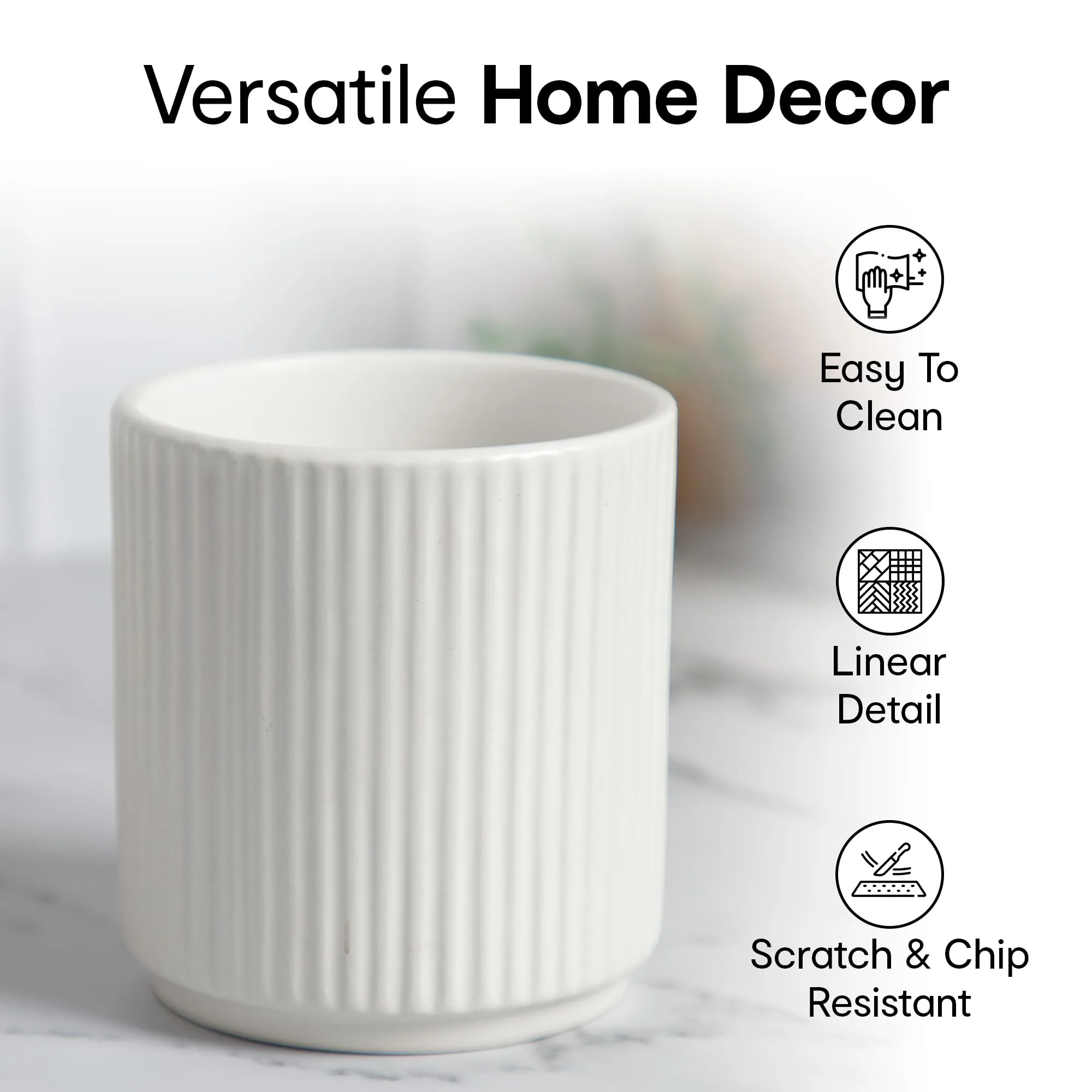 Anko White Linear Pot - Small | Ceramic Pot with Linear Design |Ideal for Indoor Plants |Planter for Home, Office, Garden, Balcony | Natural and Elegant| Drainage Hole| 11 Cm H X 10cm Dia. | 1 Piece