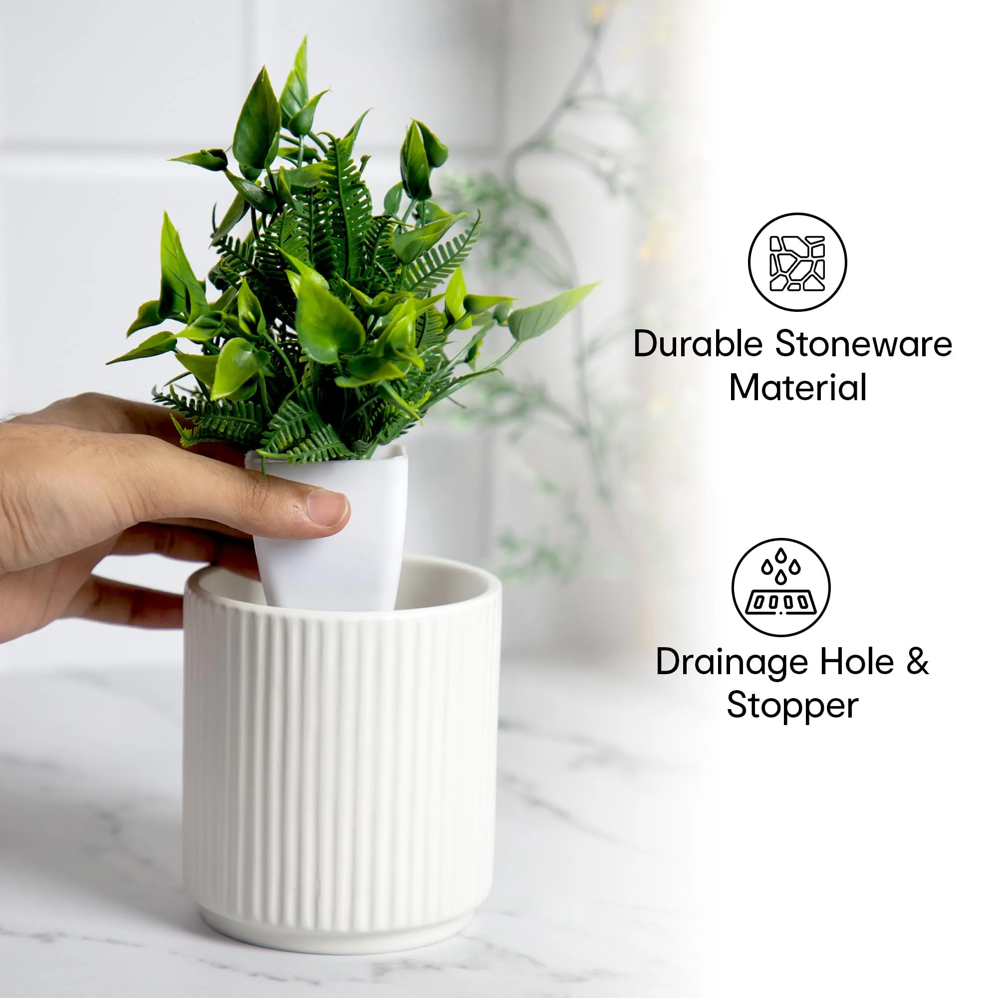 Anko White Linear Pot - Small | Ceramic Pot with Linear Design |Ideal for Indoor Plants |Planter for Home, Office, Garden, Balcony | Natural and Elegant| Drainage Hole| 11 Cm H X 10cm Dia. | 1 Piece