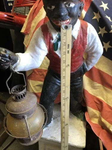 Antique Cast Iron Lawn Jockey Hitch Post Black Americana Art Statue On Pedestal