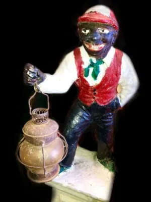 Antique Cast Iron Lawn Jockey Hitch Post Black Americana Art Statue On Pedestal