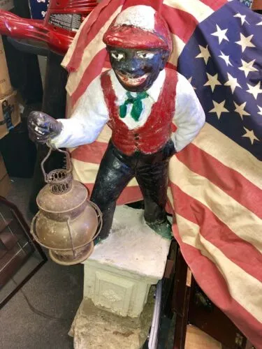 Antique Cast Iron Lawn Jockey Hitch Post Black Americana Art Statue On Pedestal