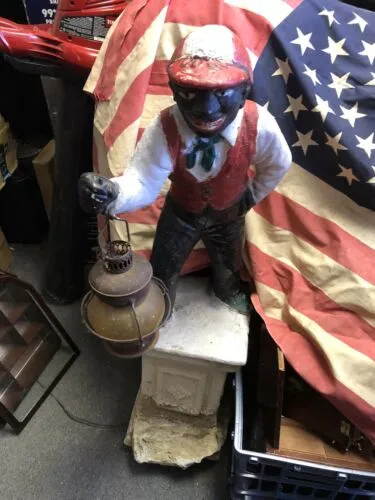 Antique Cast Iron Lawn Jockey Hitch Post Black Americana Art Statue On Pedestal