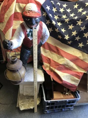 Antique Cast Iron Lawn Jockey Hitch Post Black Americana Art Statue On Pedestal