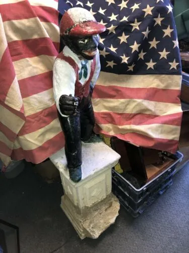 Antique Cast Iron Lawn Jockey Hitch Post Black Americana Art Statue On Pedestal