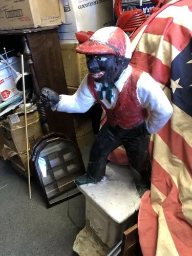 Antique Cast Iron Lawn Jockey Hitch Post Black Americana Art Statue On Pedestal