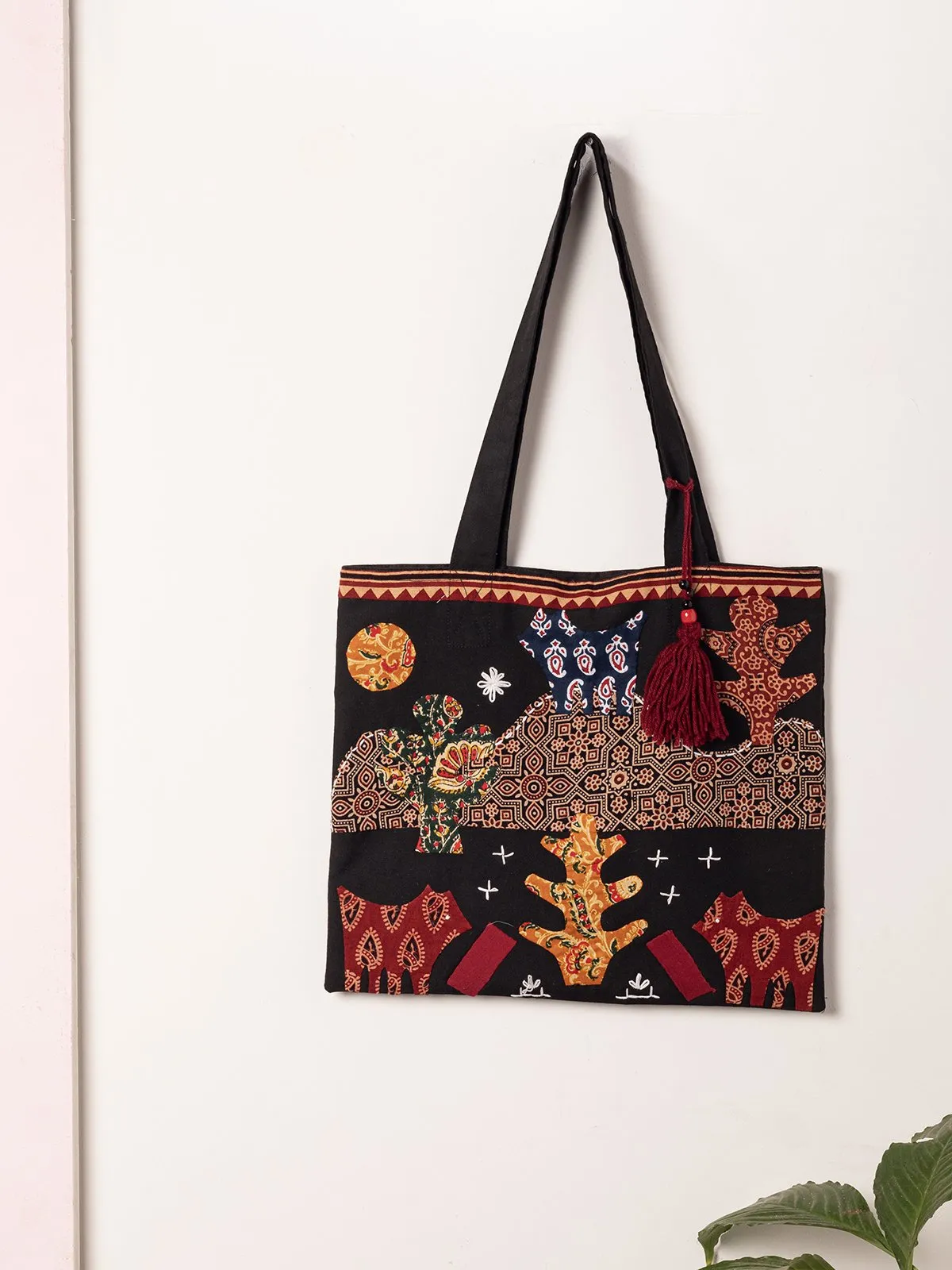 Applique Work Black Tote Bag