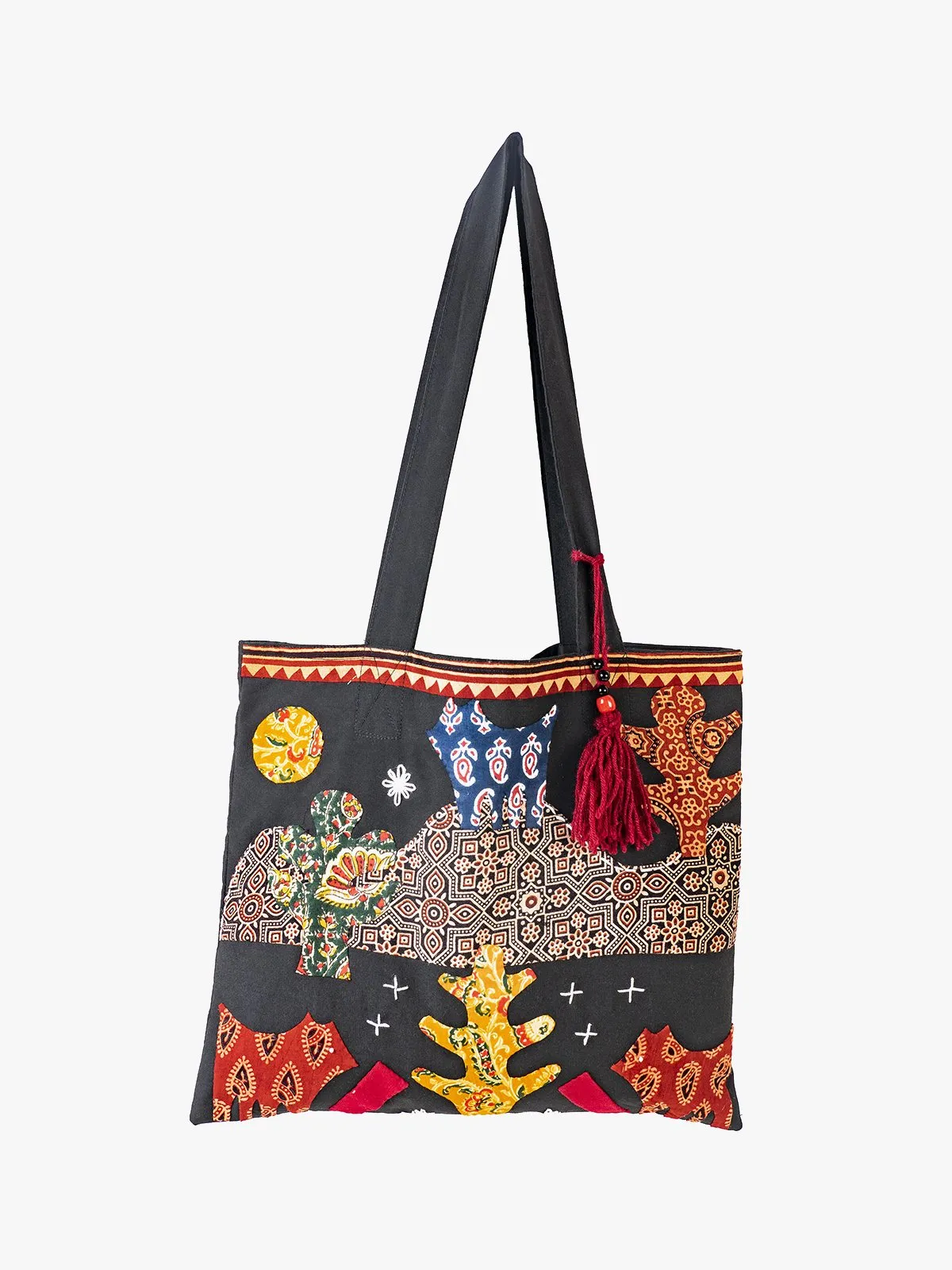 Applique Work Black Tote Bag