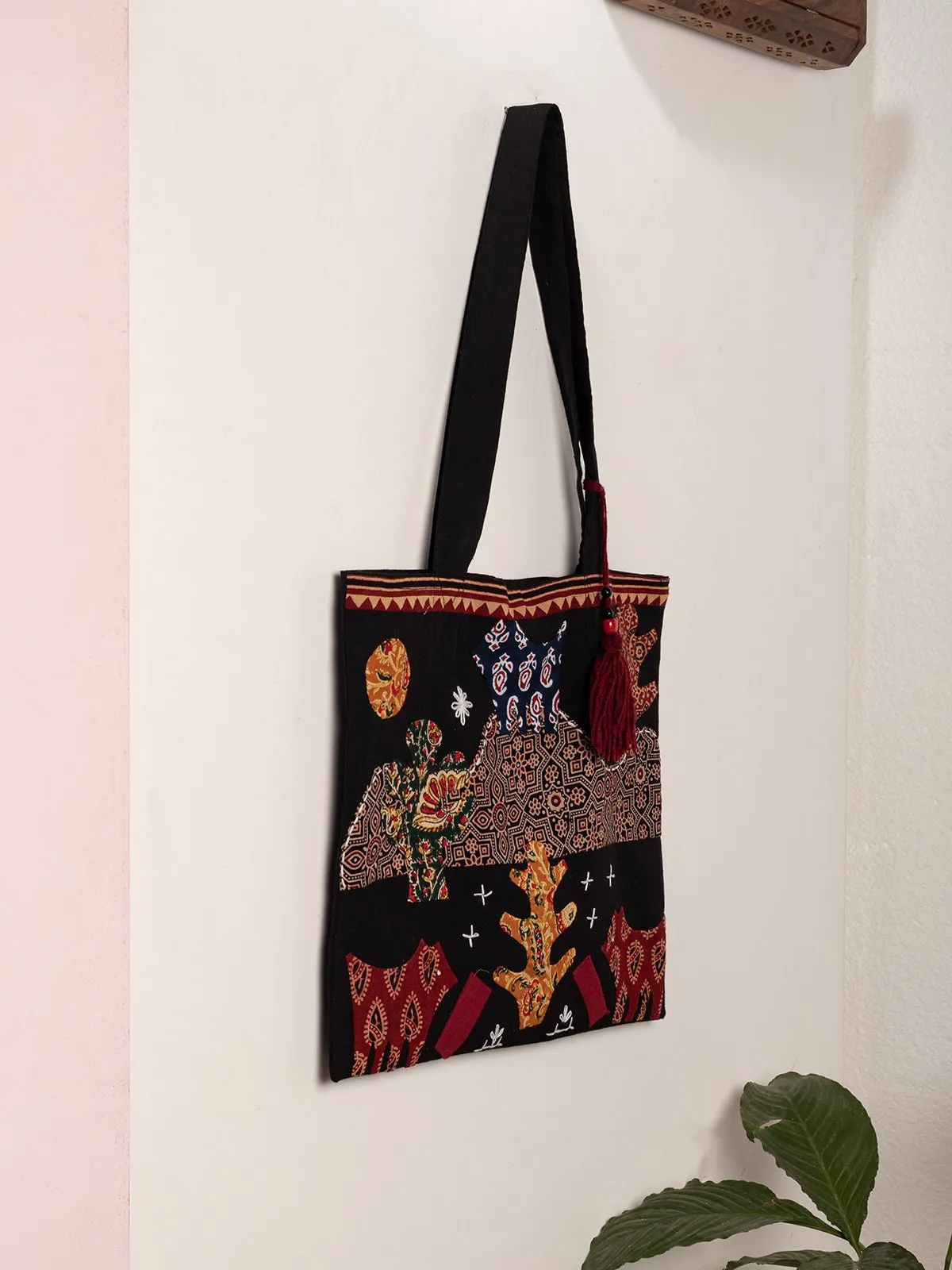 Applique Work Black Tote Bag