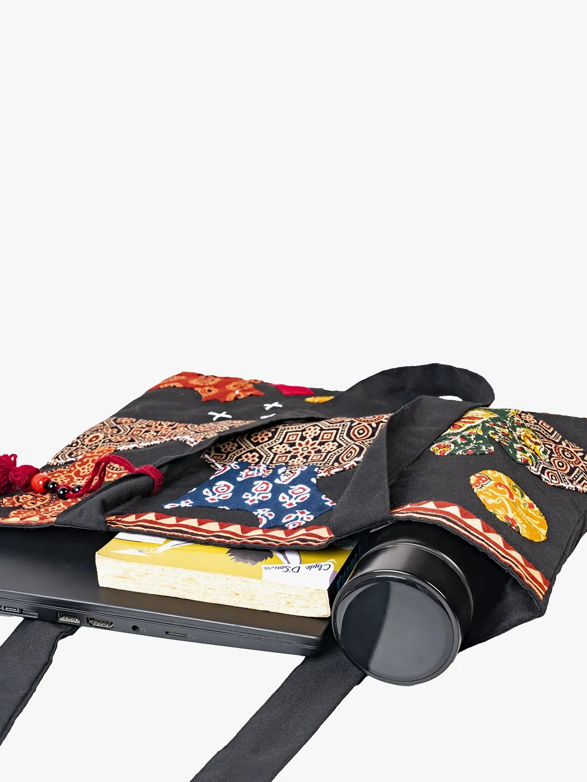 Applique Work Black Tote Bag