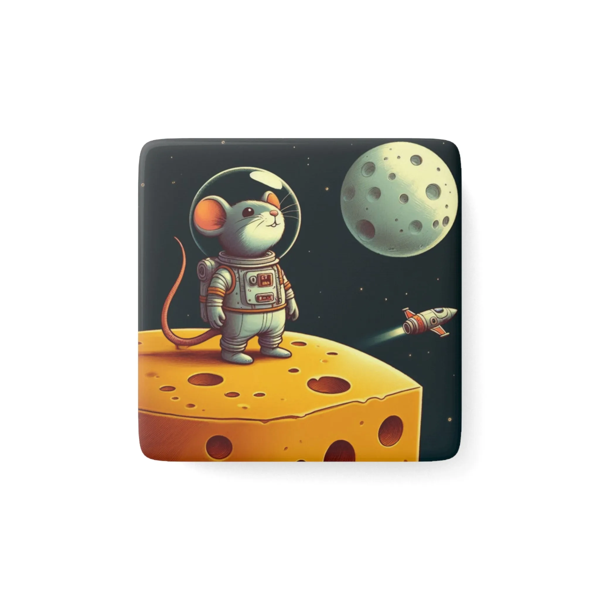 Astronaut Mouse on the Moon Made of Cheese - Porcelain Magnet, Square