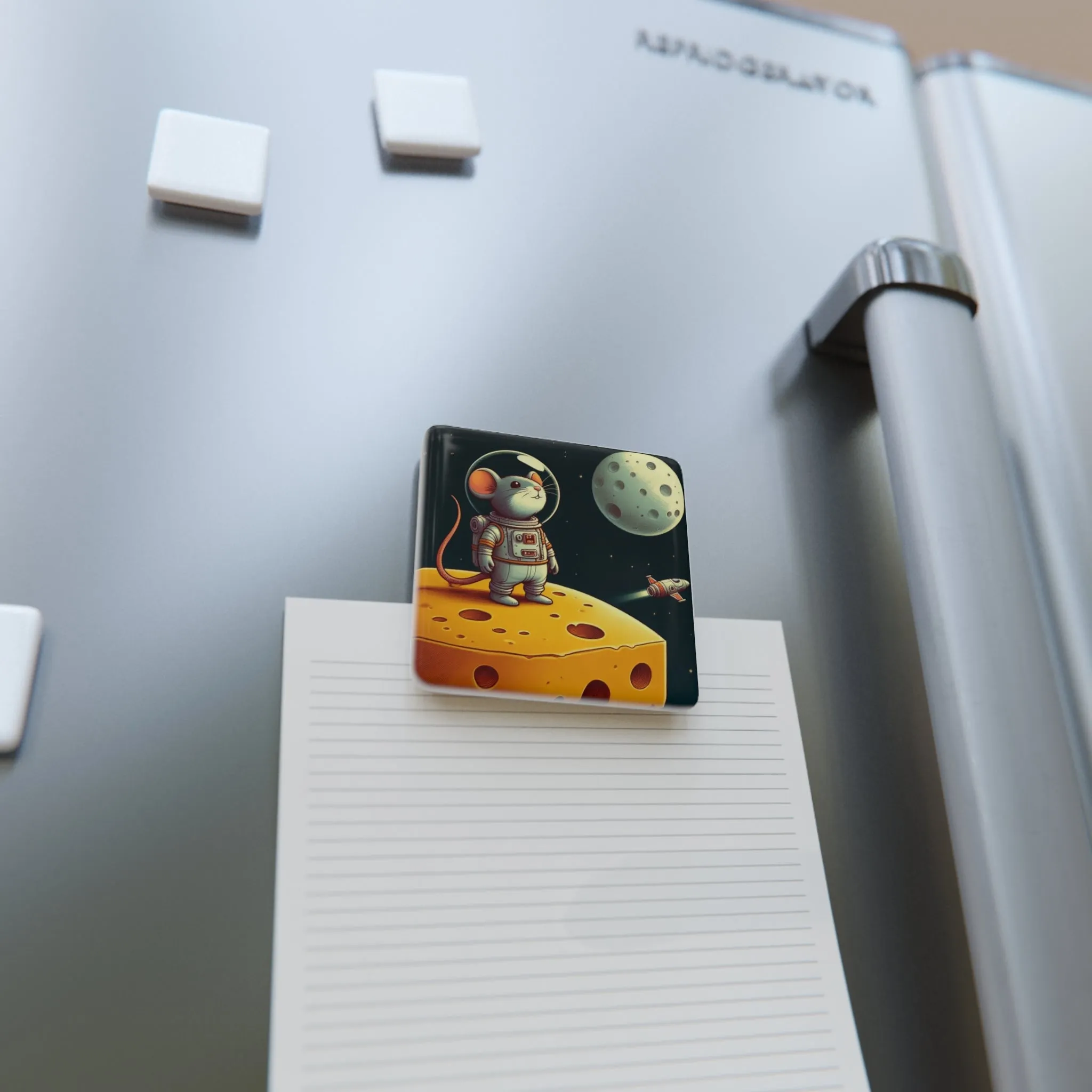 Astronaut Mouse on the Moon Made of Cheese - Porcelain Magnet, Square