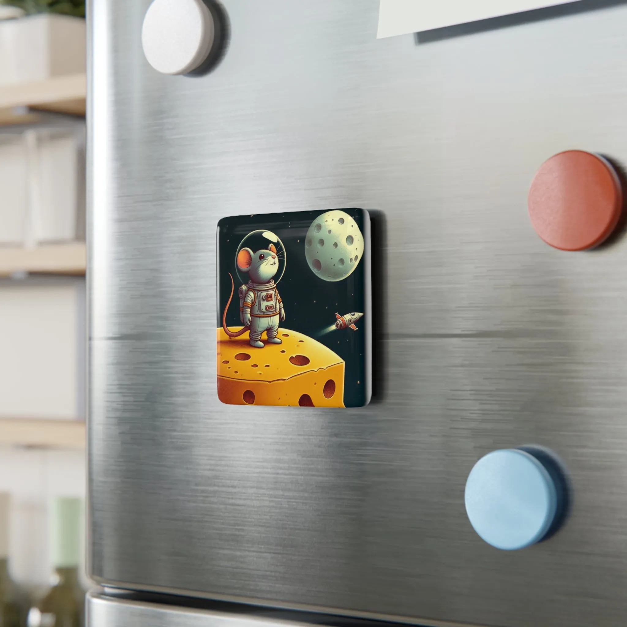 Astronaut Mouse on the Moon Made of Cheese - Porcelain Magnet, Square