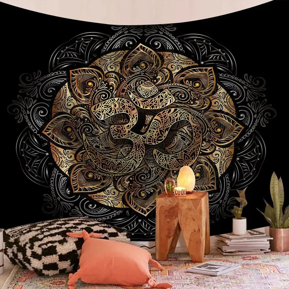 Black Om Indian Mandala Tapestry Psychedelic Wall Hanging Boho Decor