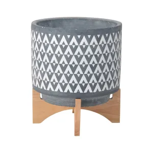 Ceramic 11" Aztec Planter On Wooden Stand, Gray