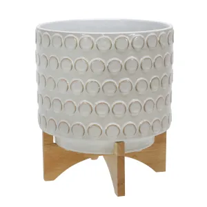 Ceramic 11" Planter On Wooden Stand, Ivory