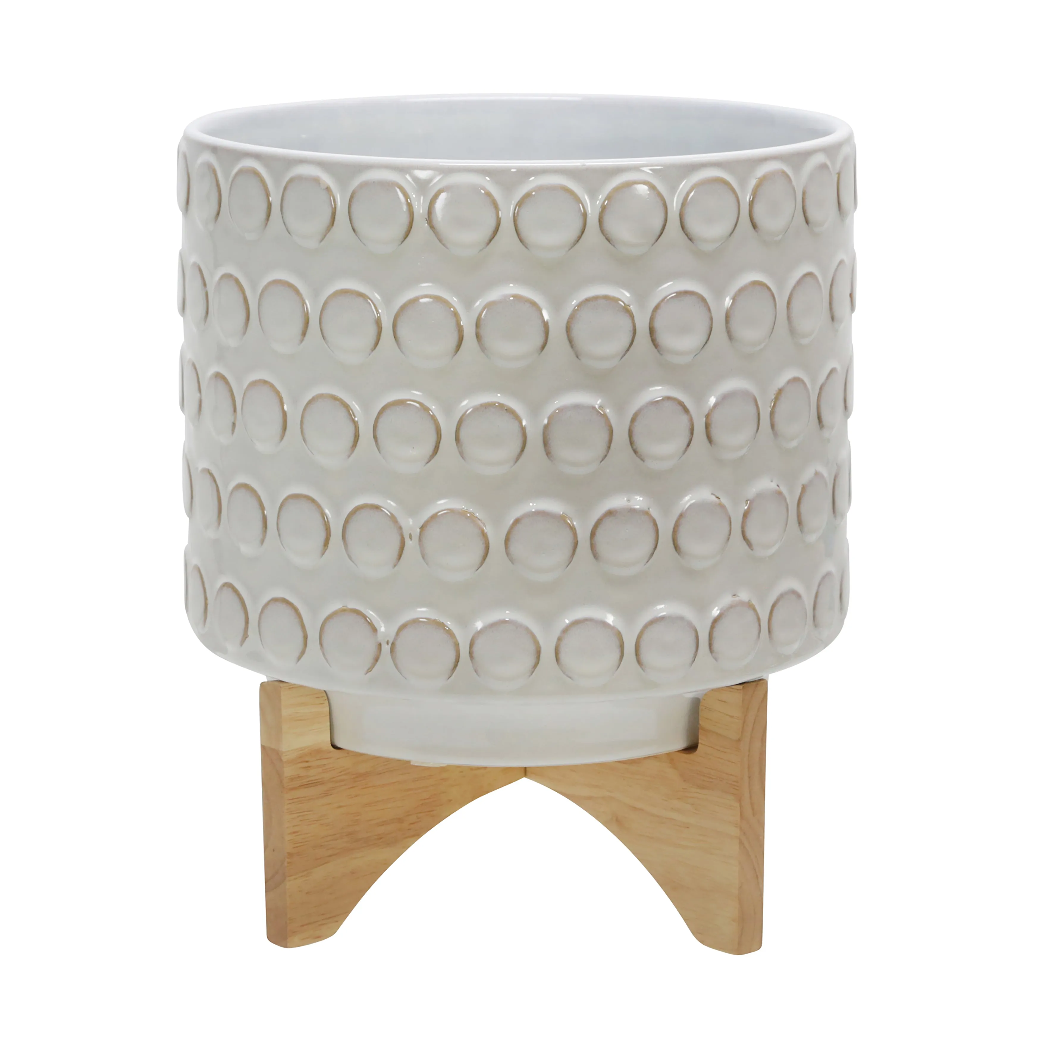 Ceramic 11" Planter On Wooden Stand, Ivory