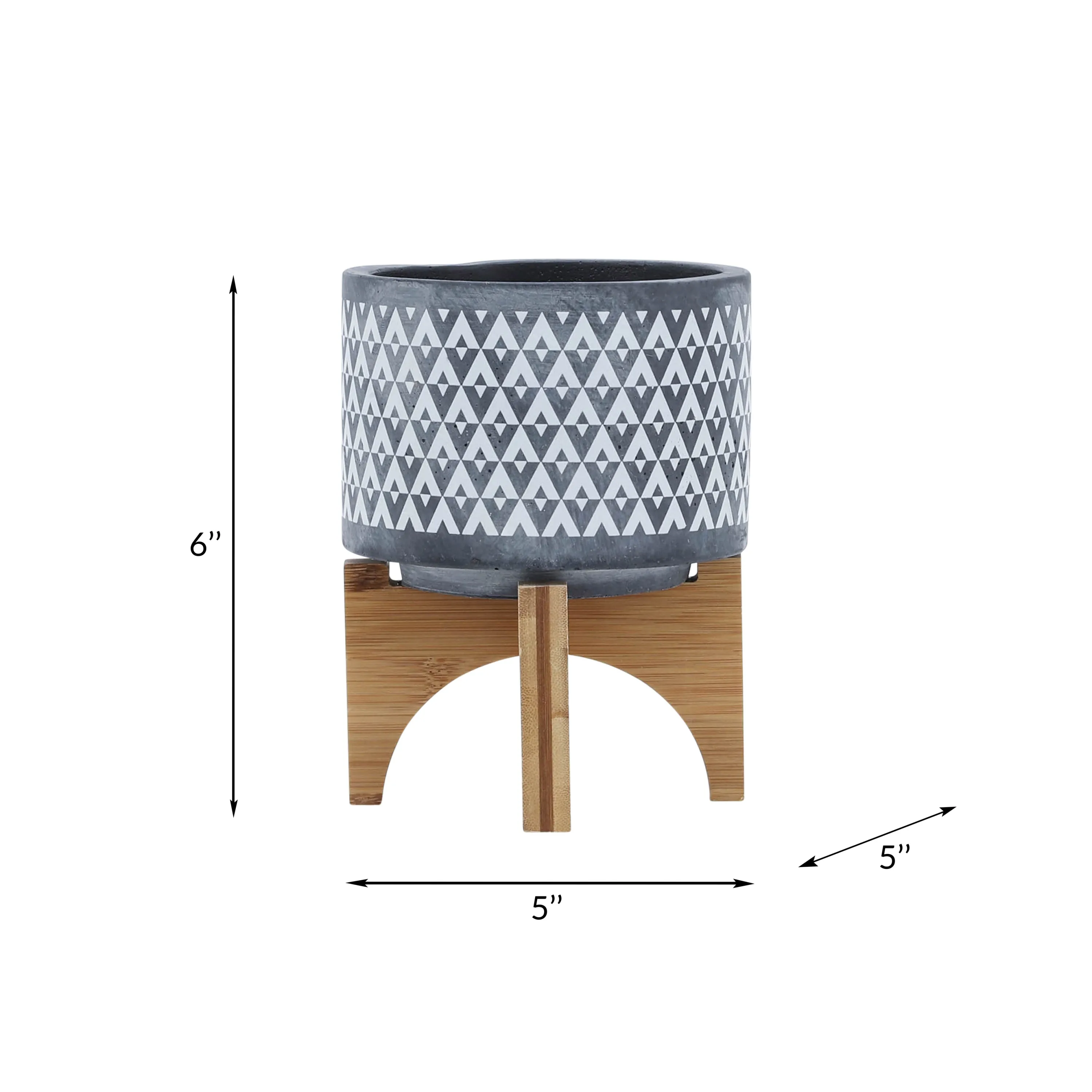 Ceramic 5" Aztec Planter on Wooden Stand - Gray