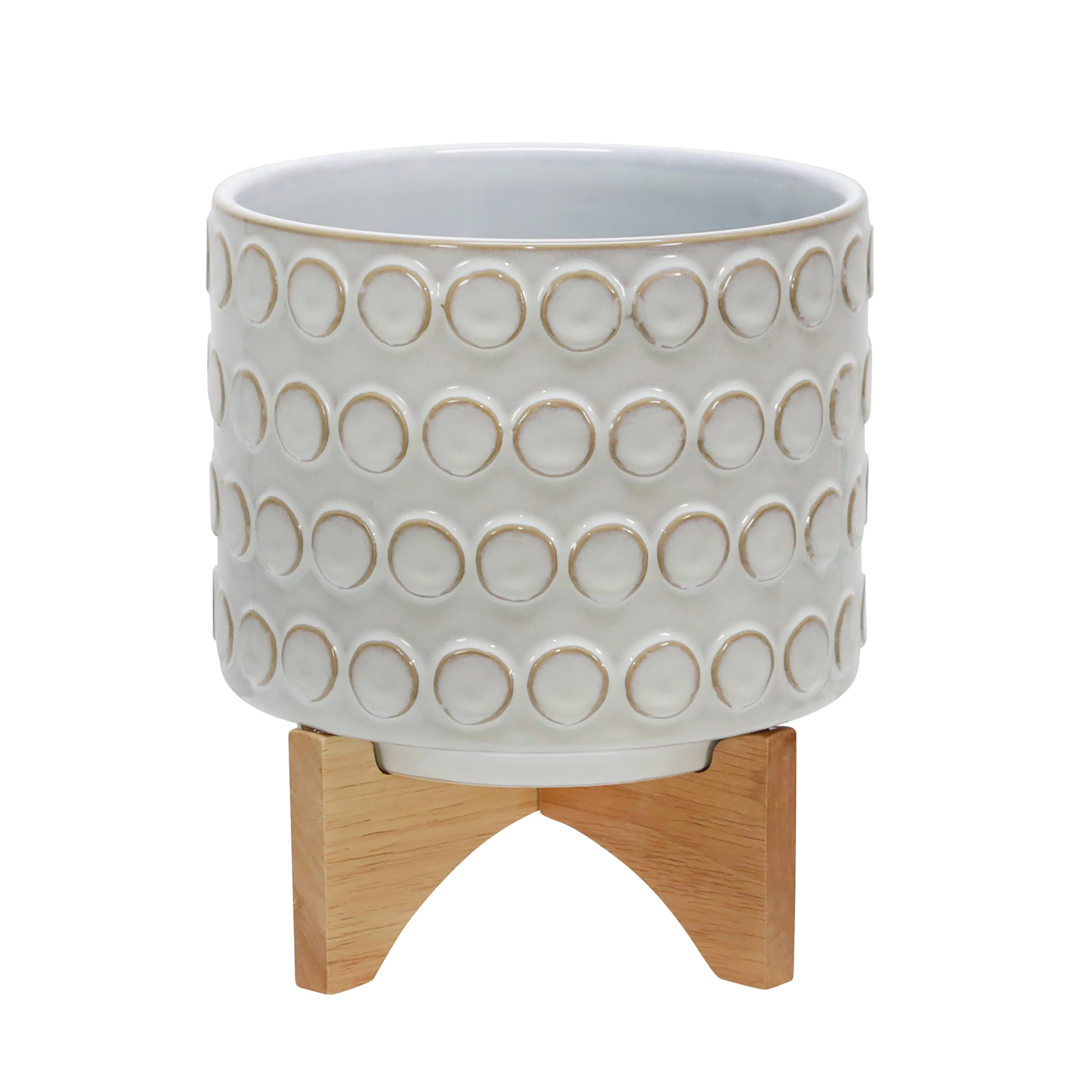 Ceramic 8" Planter On Wooden Stand, Ivory