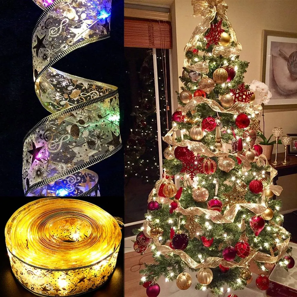 Christmas Decoration LED Ribbon Lights Christmas Tree Ornaments DIY Lace Bows String Lights Navidad Home Decors