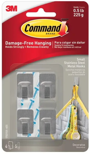 Command 17031SS-4ES Small Hook, 0.5 lb, 4-Hook, Metal, Gray, Stainless Steel :CD 2: QUANTITY: 4