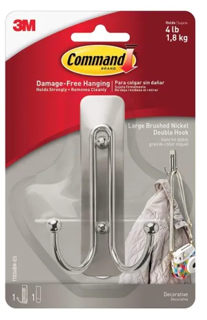 Command 17036BN-ES Large Double Hook, 4 lb, 1-Hook, Metal/Plastic, Gray, Brushed Nickel :CD 1: QUANTITY: 4