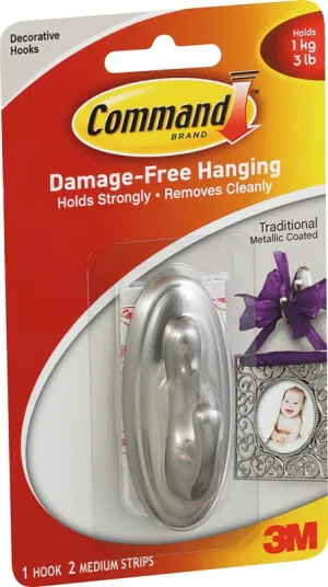 Command 17051BN Decorative Hook, 3 lb, 1-Hook, Plastic, Silver, Brushed Nickel :CD 1: QUANTITY: 1