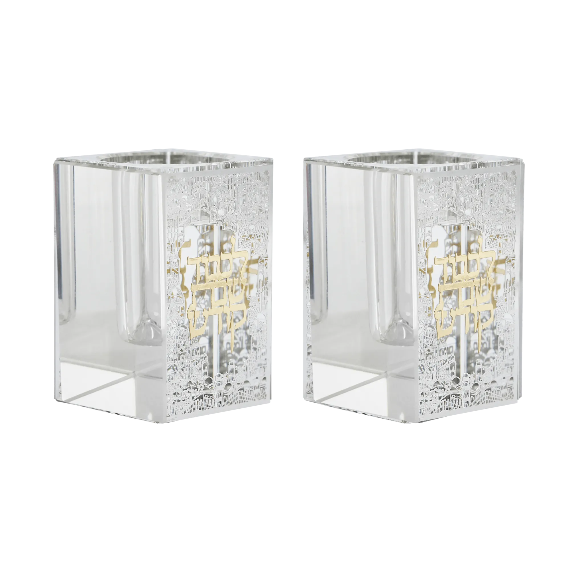 Crystal tea Light Holders With Silver Jerusalem And Gold Shabbat Kodesh 3"Hx2x2"
