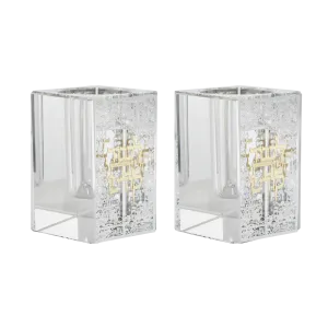 Crystal tea Light Holders With Silver Jerusalem And Gold Shabbat Kodesh 3"Hx2x2"