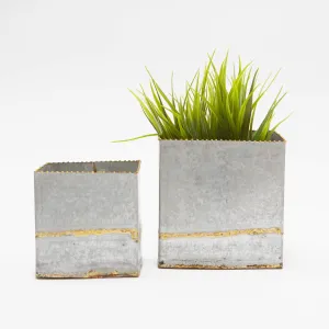Decor - Square Galvanized Metal Planters - Set of 2