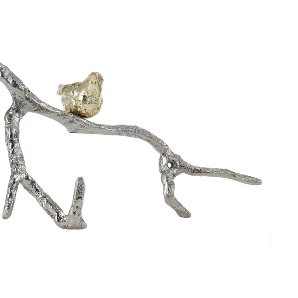 Decorative Wall Hook Branch Shaped with Birds Apogee, Silver and Gold - BM200603