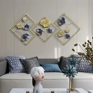Design World Gifts And Interiors Multicolor Decorative Metal Wall Art Decor Sculpture Set Of 3 For Living Room Bedroom Office Hallway Decoration (Gingko Leaf 2, Geometrical)