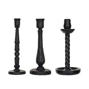 Distressed Black Carved Taper Holder, 3 styles