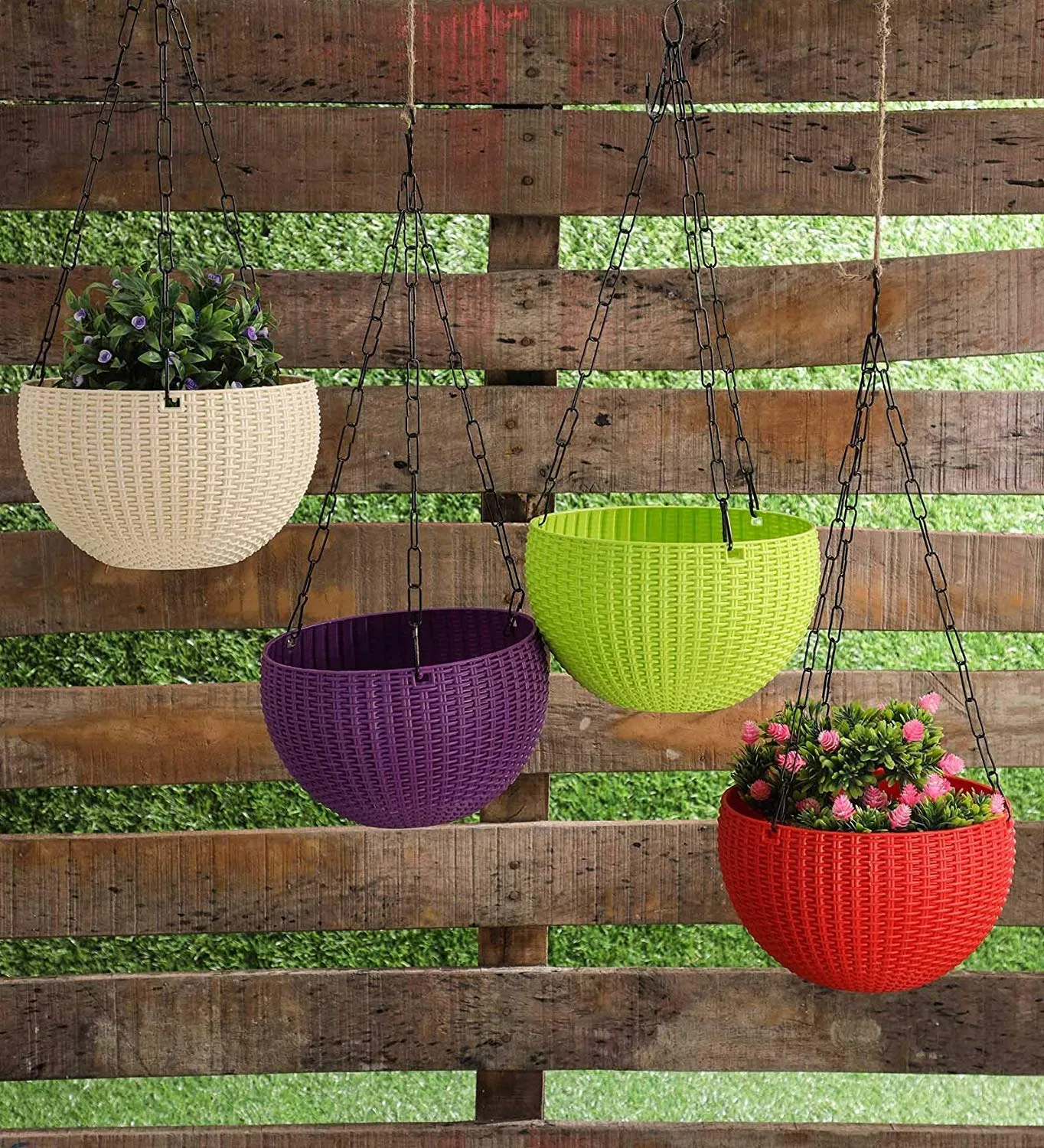 Go Hooked Plastic Hanging Pot, Multicolour, Pot Diameter -7.1 Inch, Pot Height -4.8 Inch, Pot Thickness -3 mm, Chain Length -13 inch Approx., 5 Pieces