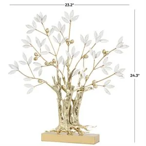 Gold Metal Tree Metallic Sculpture with White Leaves - 23" X 3" X 24"