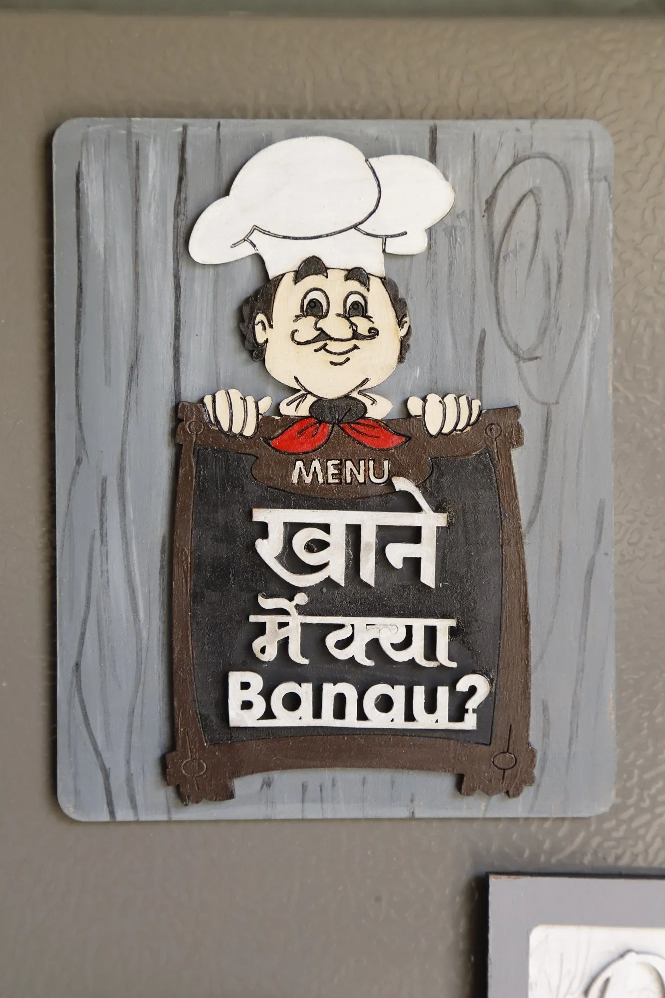 Khane Me Kya Banau Hand-Painted Fridge Magnet - Grey