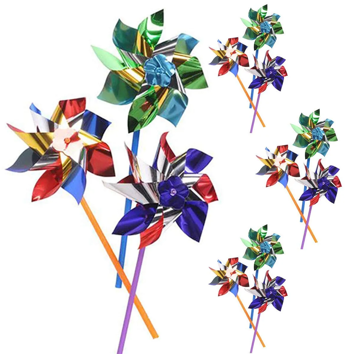 Kicko Colorful Metallic Pinwheels  Pack of 12 Windmills with Stick for Kids and Adults