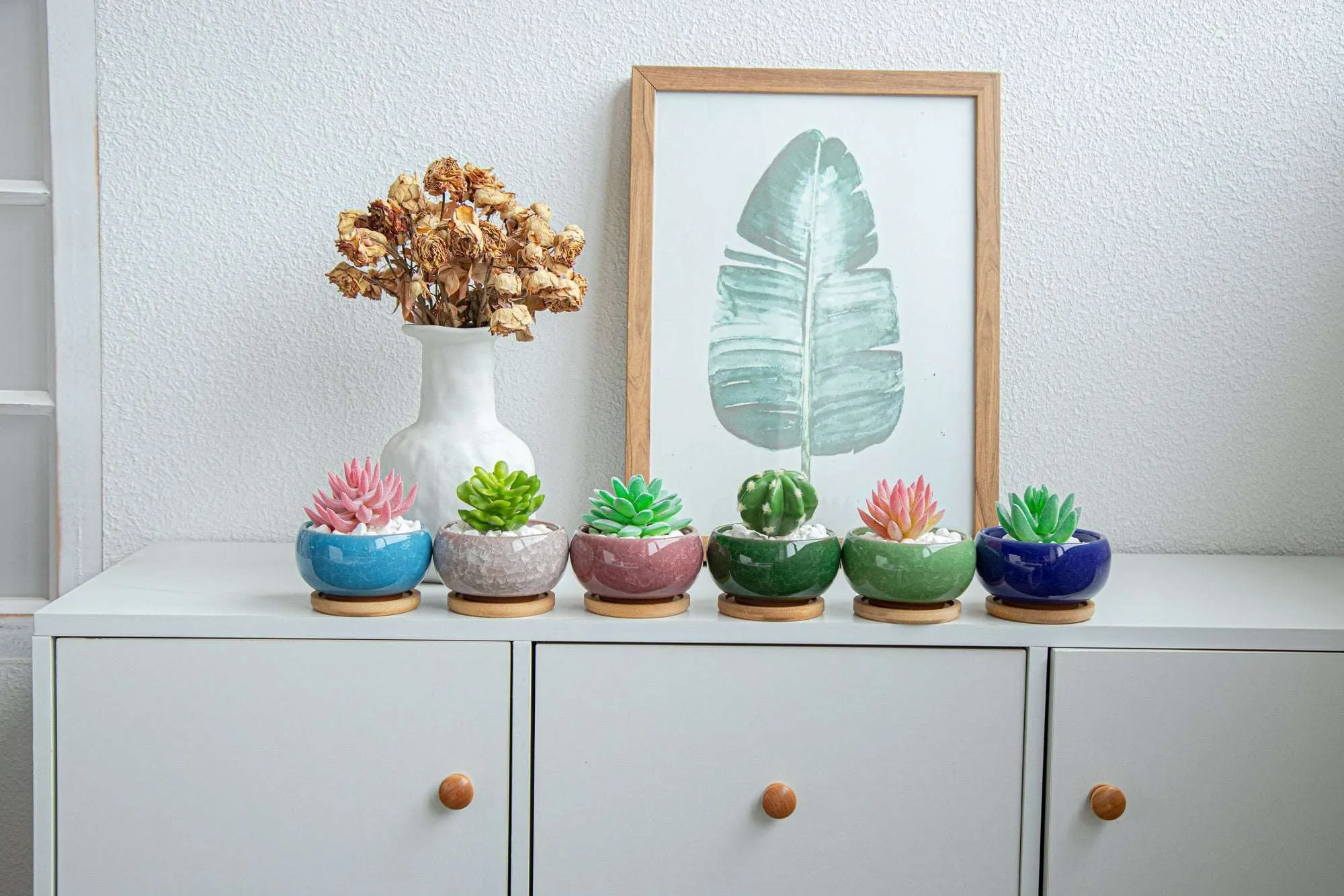 LAMDAWN Cute Ceramic Succulent Garden Pots, Planter with Drainage and Attached Saucer, Set of 5 -Plants Not Included (Ice Cracks Round)