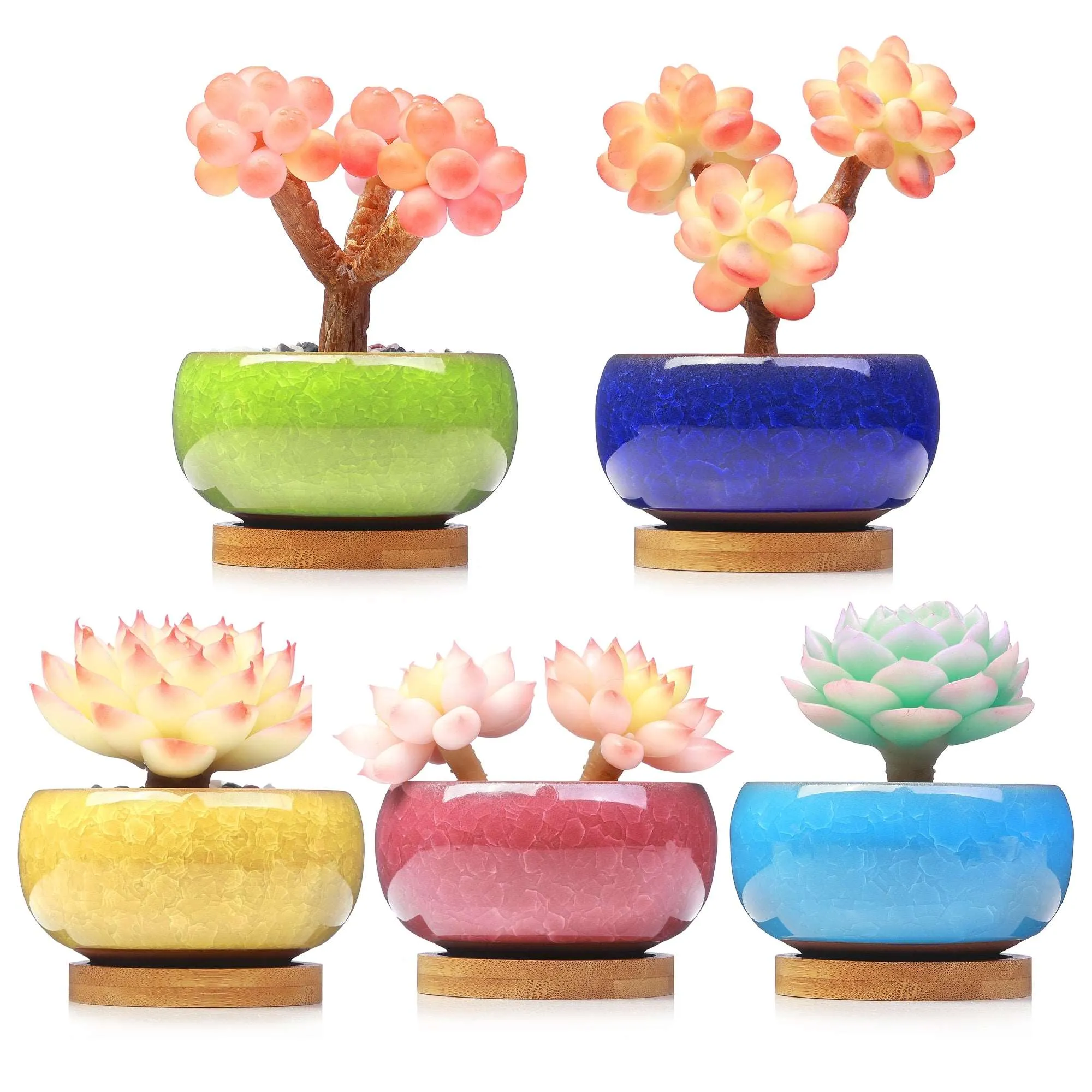 LAMDAWN Cute Ceramic Succulent Garden Pots, Planter with Drainage and Attached Saucer, Set of 5 -Plants Not Included (Ice Cracks Round)